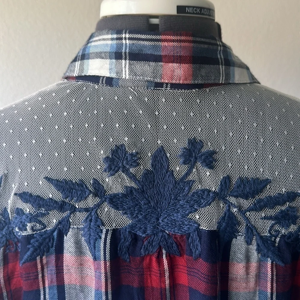 NWT DEX dress plaid lace sheer red blue medium oversized boyfriend style